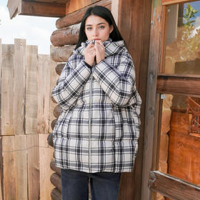 谜底连帽格子羽绒服女2025冬款复古宽松加厚鸭绒面包服257MY8802