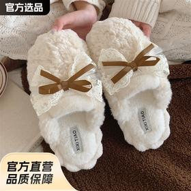 时尚甜美可爱蝴蝶结毛绒拖 月子鞋 女冬季学生防滑居家棉拖鞋