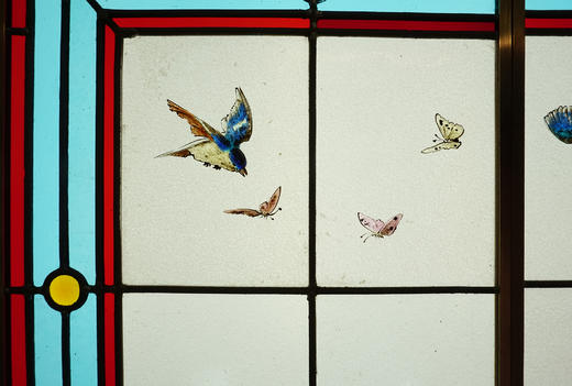 独角鹿西洋古董20世纪初法国新艺术风格时期著名画师Henri Curcier签名出品水岸风光主题彩绘玻璃花窗一对 商品图5