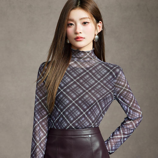 FLSHS2229 2025秋季新款半高领长袖格纹网衫T恤修身显瘦打底衫 商品图3