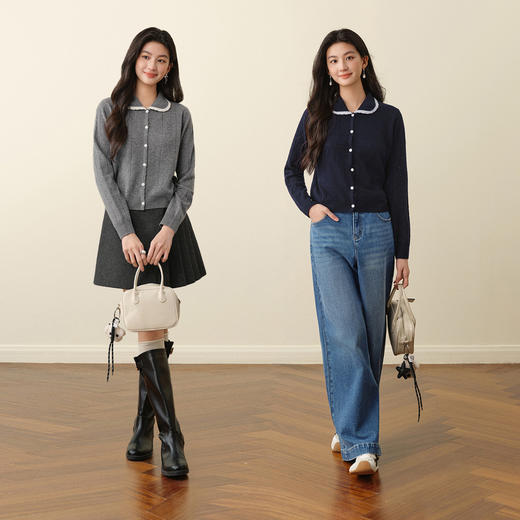 【严选】诗凡黎全羊毛花边娃娃领针织开衫2025冬新款镂空软糯显瘦长袖上衣7G9333111 商品图1