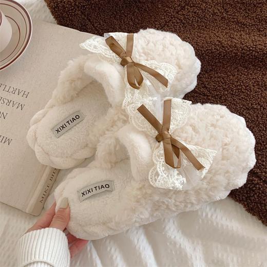时尚甜美可爱蝴蝶结毛绒拖 月子鞋 女冬季学生防滑居家棉拖鞋 商品图2