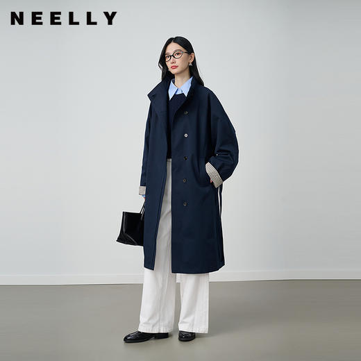 NEELLY纳俪商场同款秋冬新款条纹撞色休闲长风衣女时尚百搭外套N25094F05518 商品图0