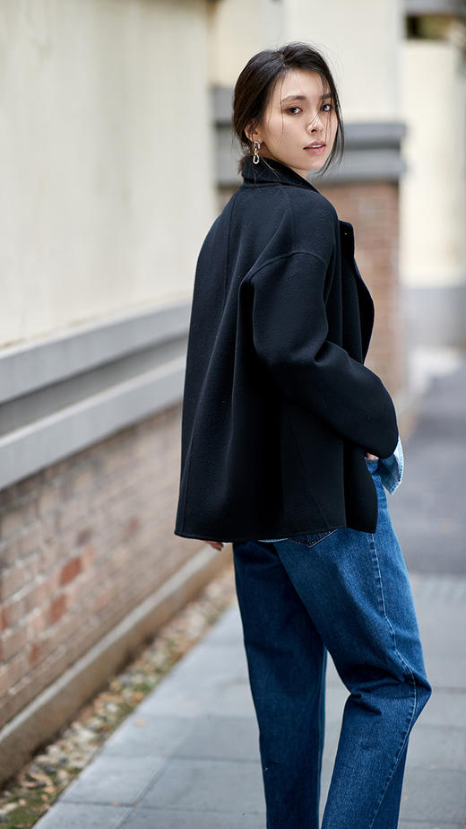 23区日系春季通勤宽松羊毛桑蚕丝混纺双排扣大衣毛呢外套商场同款 商品图3