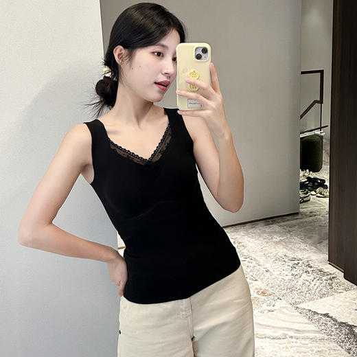 官网690！爱家羊绒桑蚕丝蕾丝V领保暖背心女 免穿文胸一体式固定杯无痕内搭吊带 商品图1