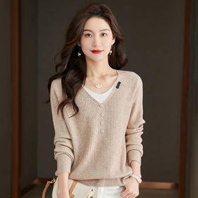半身缘女装 秋季V领假两件装饰内搭针织打底衫毛衣JL002