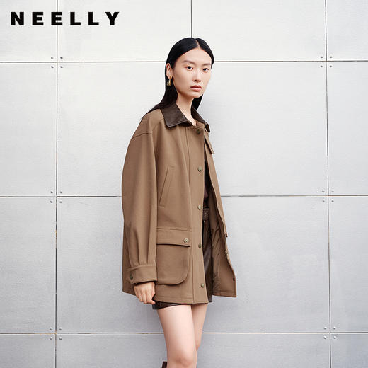 NEELLY纳俪商场同款秋新款复古质感工装廓形外套女气质皮革感上衣N25091C01142 商品图0