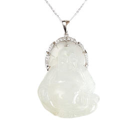 【天然正品】A货翡翠AU750白金镶天然糯冰种佛公造型翡翠（平安、吉祥）吊坠项链女士110925NJS15现售价：3980