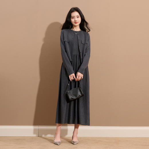 三彩2025冬季新款长袖针织衫套装开衫背心裙连衣裙长裙两件套S 商品图2