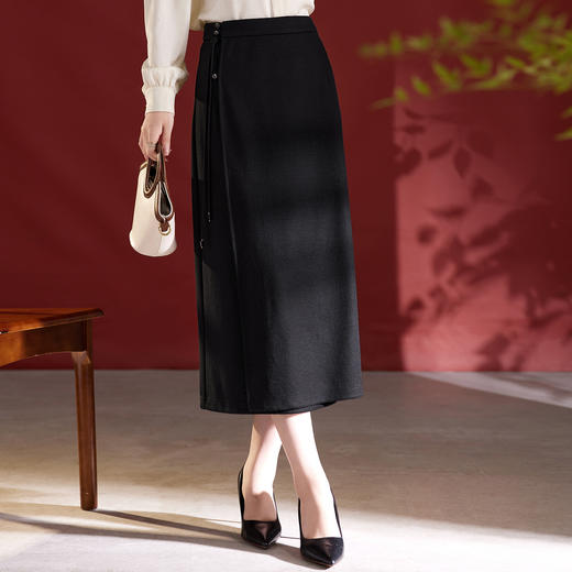 QS100绵羊毛半身裙秋冬新款日常显瘦高腰系带设计感一步裙女1811 商品图1