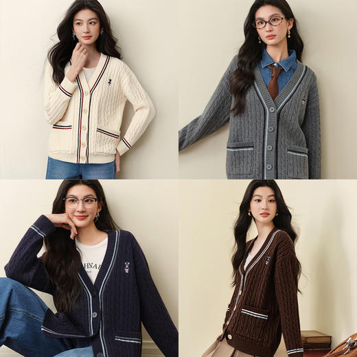 【严选】孟子义代言诗凡黎学院风V领针织开衫2025冬新款刺绣绞花毛衣外套7G9333101 商品图4