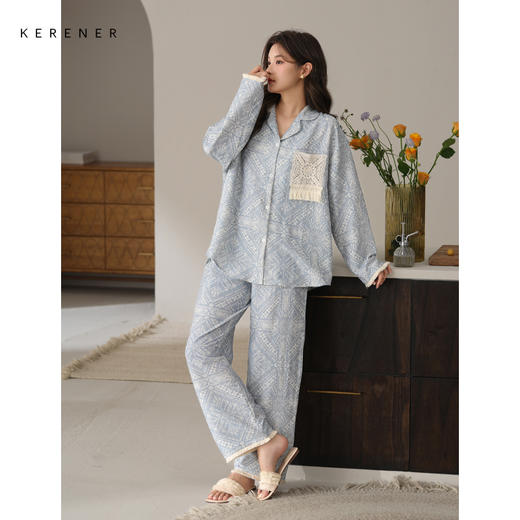 可人儿春秋季带胸垫泡泡绵女士长袖长裤睡衣可外出小众家居服套装 商品图3