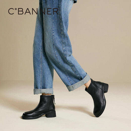 千百度羊皮厚底切尔西靴女圆头粗跟显瘦洋气小短靴子A25550105 商品图4