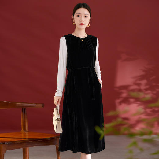 QS秋冬新款真丝丝绒背心连衣裙收腰气质日常通勤圆领中长款女1393 商品图3