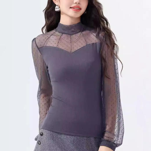 雀说蕾丝上衣女长袖新款大码女装半高领网纱内搭打底衫洋气衫AL2501 商品图1