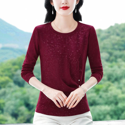 KQL 765G399洋气小圆领棉料长袖t恤修身纯色打底衫 商品图3