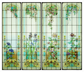 独角鹿西洋古董20世纪初法国新艺术风格时期工坊L’Homme & Lefèvre签名出品繁花齐绽主题彩绘玻璃花窗一组