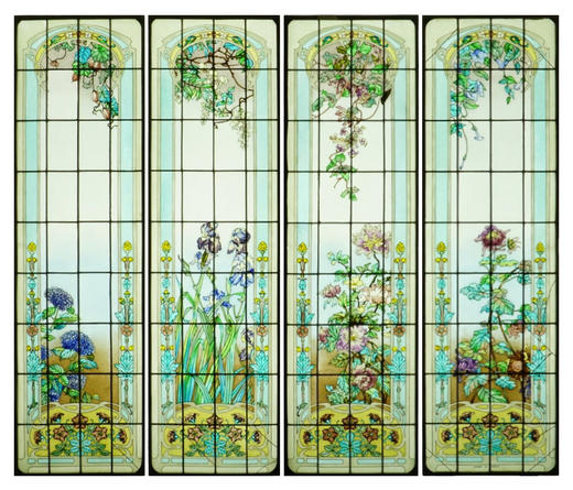 独角鹿西洋古董20世纪初法国新艺术风格时期工坊L’Homme & Lefèvre签名出品繁花齐绽主题彩绘玻璃花窗一组 商品图0