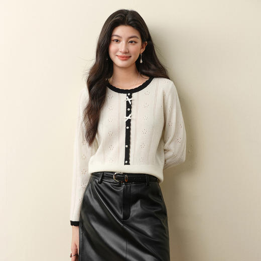 【严选】诗凡黎全羊毛蝴蝶结撞色花边针织衫2025秋冬新款韩系镂空长袖上衣7G9333091 商品图4