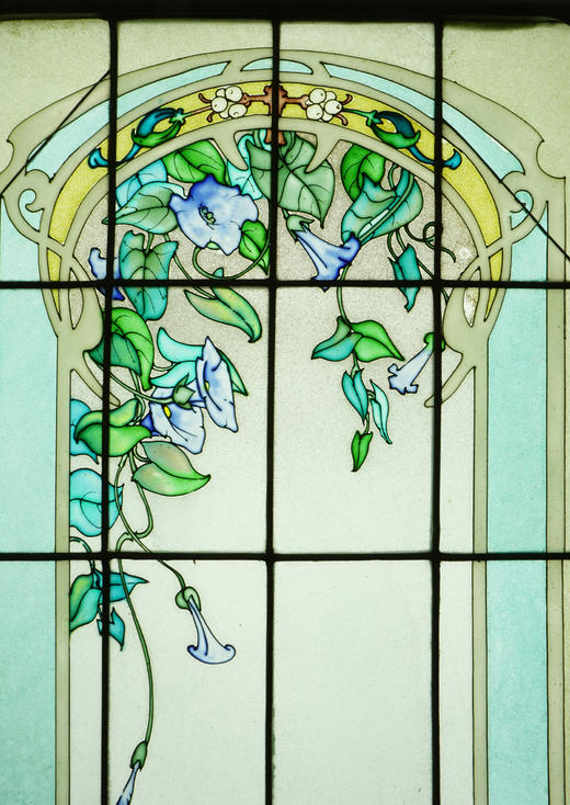 独角鹿西洋古董20世纪初法国新艺术风格时期工坊L’Homme & Lefèvre签名出品繁花齐绽主题彩绘玻璃花窗一组 商品图9