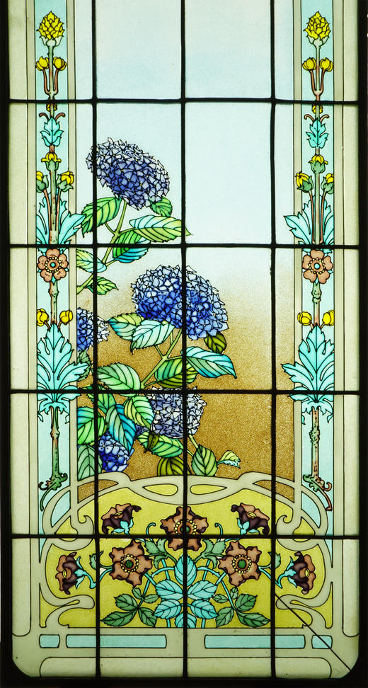 独角鹿西洋古董20世纪初法国新艺术风格时期工坊L’Homme & Lefèvre签名出品繁花齐绽主题彩绘玻璃花窗一组 商品图6