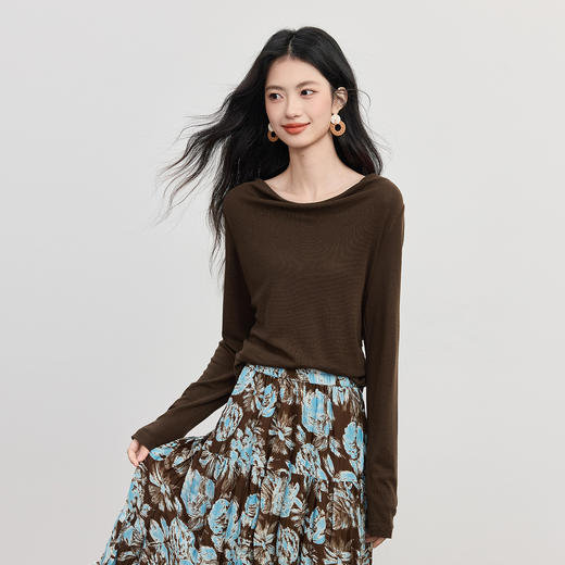 【09/26新品】熙世界法式荡领T恤女长袖2025年秋季新款优雅气质设计感别致上衣 商品图2