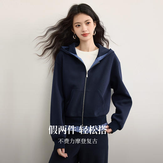 【周末秒杀】熙世界复古格纹拼接短外套女休闲时尚假两件连帽开衫卫衣2025秋装 商品图1