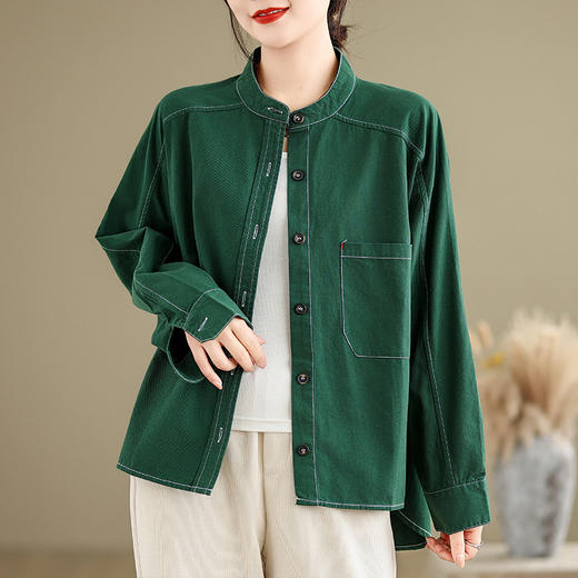 百媚生 春秋复古斜纹女棉长袖衬衫女纯色文艺休闲立领开衫2412 商品图0