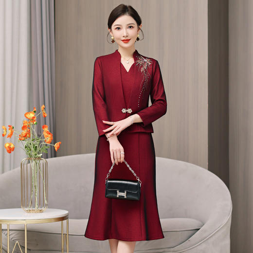 雀说秋季新款气质优雅红色鱼尾连衣裙AL5628 商品图1