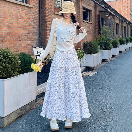 「气质款！碎花·蛋糕裙」半身裙女春秋冬新款韩式复古蓝色碎花闲慵懒风长裙子高腰a字裙 商品图4