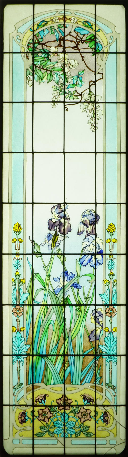 独角鹿西洋古董20世纪初法国新艺术风格时期工坊L’Homme & Lefèvre签名出品繁花齐绽主题彩绘玻璃花窗一组 商品图4