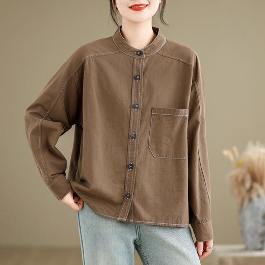 百媚生 春秋复古斜纹女棉长袖衬衫女纯色文艺休闲立领开衫2412 商品图3