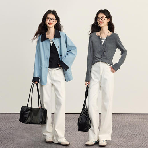 【09/26新品】熙世界条纹拼接假两件针织T恤女长袖秋季新款高级感chic别致上衣 商品图1