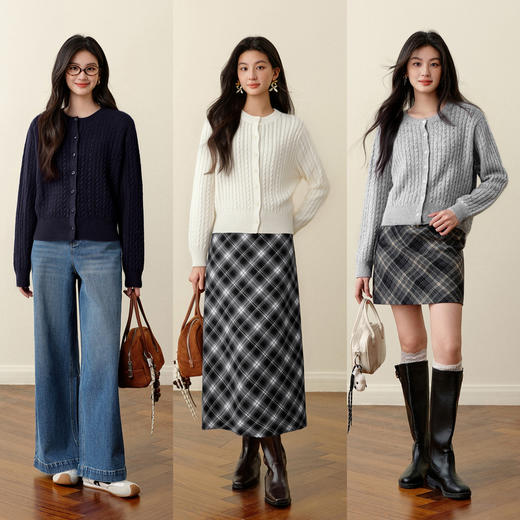 【严选】诗凡黎圆领基础绞花针织开衫2025秋冬新款软糯舒适百搭毛衫外套女7G9433071 商品图1