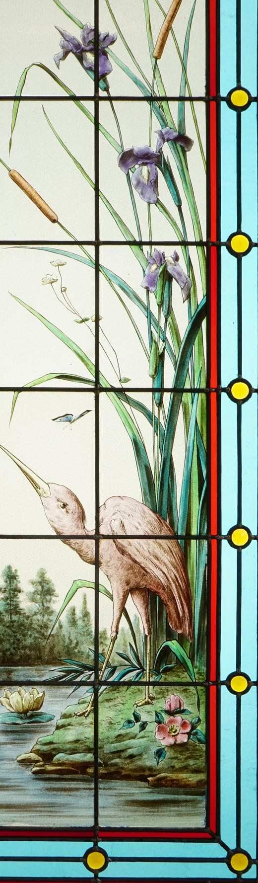 独角鹿西洋古董20世纪初法国新艺术风格时期著名画师Henri Curcier签名出品水岸风光主题彩绘玻璃花窗一对 商品图3