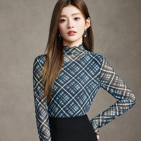 FLSHS2229 2025秋季新款半高领长袖格纹网衫T恤修身显瘦打底衫