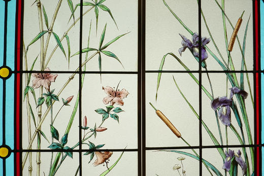 独角鹿西洋古董20世纪初法国新艺术风格时期著名画师Henri Curcier签名出品水岸风光主题彩绘玻璃花窗一对 商品图4