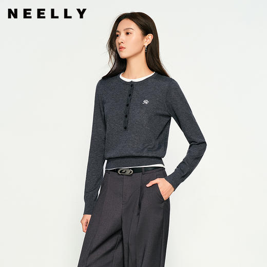 NEELLY纳俪商场同款秋季新款复古百搭假两件针织衫女气质通勤毛衣N25094A04623 商品图0