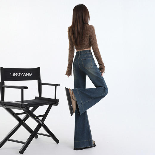 【美式复古蓝色加长喇叭裤】春秋高腰宽松修身显瘦微喇牛仔裤 商品图3