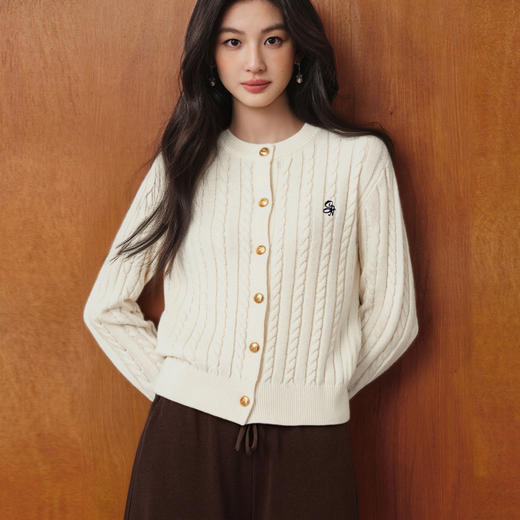 【严选】诗凡黎刺绣绞花长袖针织衫2025秋新款慵懒温柔软糯小麻花毛衣外套7G9132971 商品图4