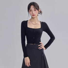 跃牌【海听系列】2025新款带胸垫纯欲性感修身瑜伽服短款方领纽扣长袖上衣XC55