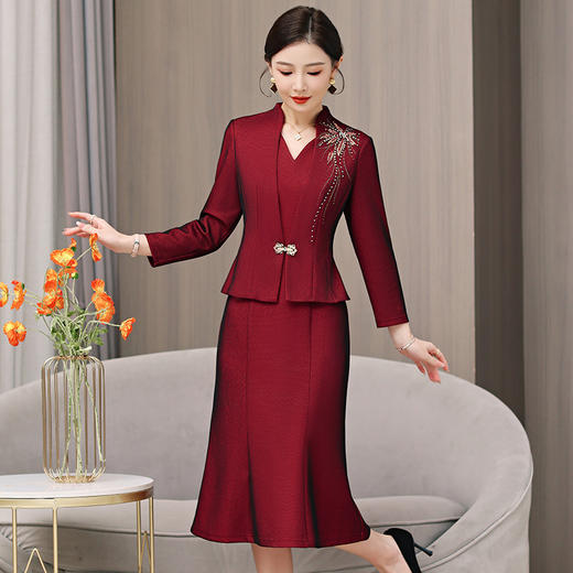 雀说秋季新款气质优雅红色鱼尾连衣裙AL5628 商品图0