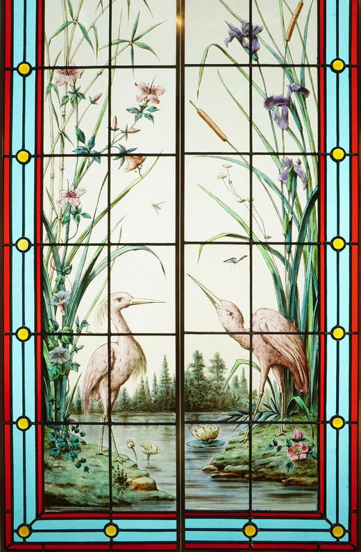 独角鹿西洋古董20世纪初法国新艺术风格时期著名画师Henri Curcier签名出品水岸风光主题彩绘玻璃花窗一对 商品图1