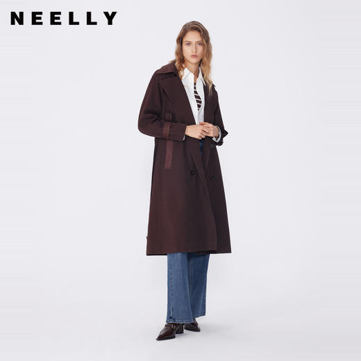 NEELLY纳俪秋季新款商场同款美拉德宽松双排扣风衣女复古长外套N25094F04618 商品图0