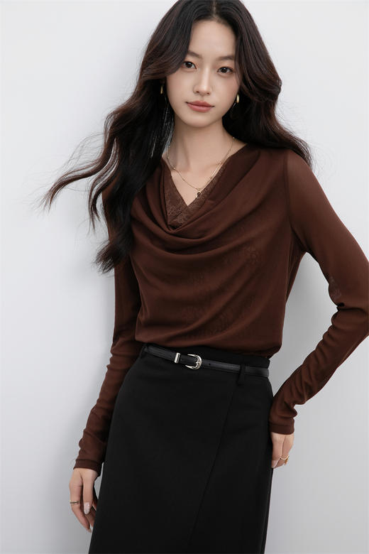 「老顾客福利早秋洋气堆堆领上衣」秋季优雅蕾丝拼接上衣2025新款显瘦长袖洋气小衫04146 商品图7