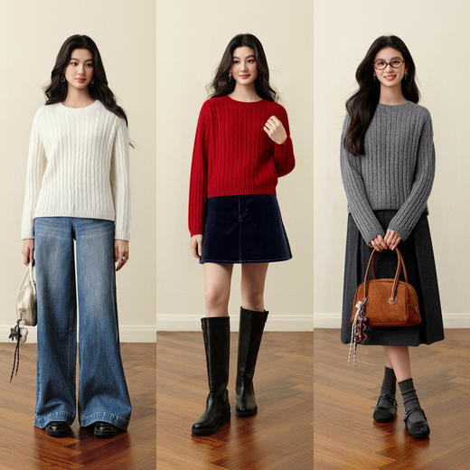 【严选】诗凡黎圆领基础绞花套头针织衫2025秋冬新款简约休闲舒适内搭毛衣7G9433291 商品图1