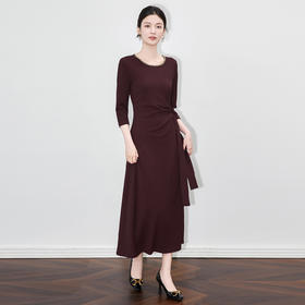 WL 2512602重工钉钻领修身收腰系带显瘦中长连衣裙优雅