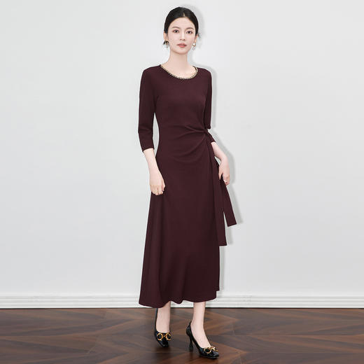 WL 2512602重工钉钻领修身收腰系带显瘦中长连衣裙优雅 商品图0