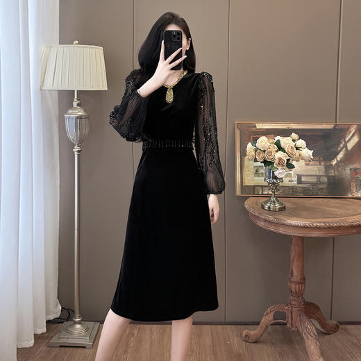 雀说时尚钉珠重工名媛风拼接亮片流苏丝绒连衣裙AL310 商品图0