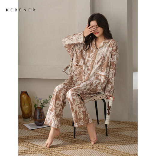 可人儿春秋季带胸垫奥力棉女士长袖长裤睡衣可外出纯棉家居服套装 商品图3